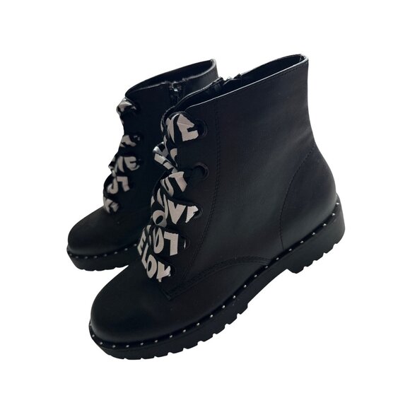 Bamboo LOVE Black Combat Ankle Boots Ribbon Laces NEW Studded Side Zipper 8 - Picture 3 of 7